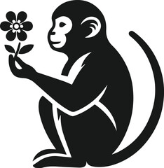 Black vector of a monkey offering a flower animal silhouette illustration