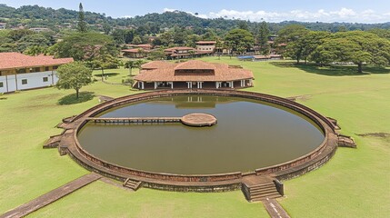 Aerial View of Circular Reservoir and House in Lush Green Landscape