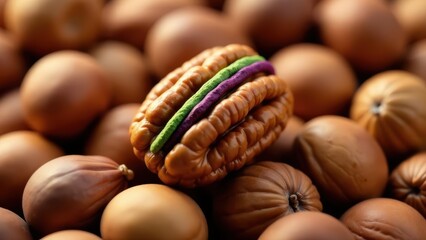 A Close-Up View of a Single Pecan Nut with a Colorful Accent, Surrounded by a Collection of Similar Nuts