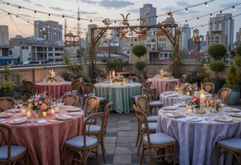 Elegant Rooftop Garden Party Setup with City Skyline at Dusk