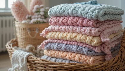 Obraz premium Cozy Handcrafted Blankets Stacked in a Woven Basket Setting