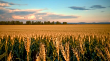 Naklejka premium Golden Wheat Field at Sunset Agriculture Harvest Rural Landscape