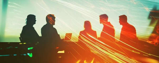 Silhouetted business people gather at a table during a discussion