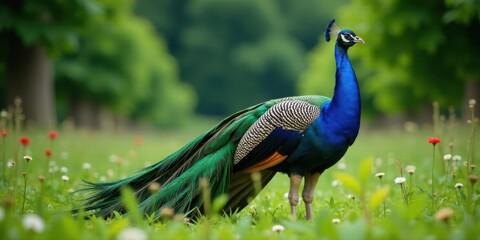 Obraz premium A Majestic Peacock in a Verdant Meadow, Displaying its Vibrant Plumage Amidst Delicate Wildflowers