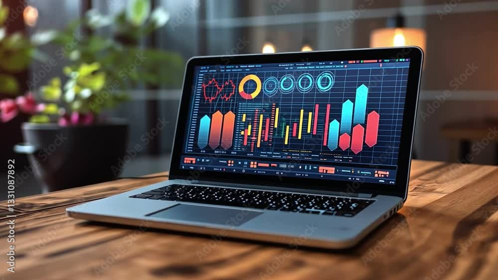 Poster colorful data visualization on wooden table enhancing your workspace with technology and graphs amid