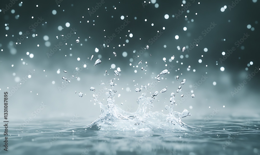 Poster cascading water droplets create a mesmerizing splash in a tranquil setting.