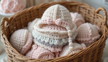 Handcrafted Crochet Baby Hats in a Woven Basket with Soft Colors