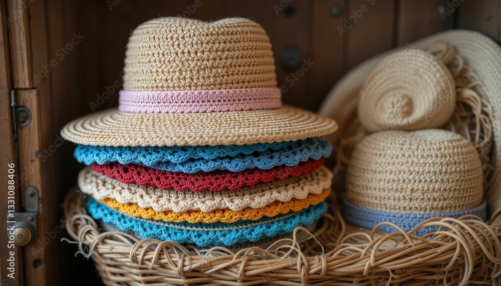 Poster collection of colorful straw hats in a rustic wooden display
