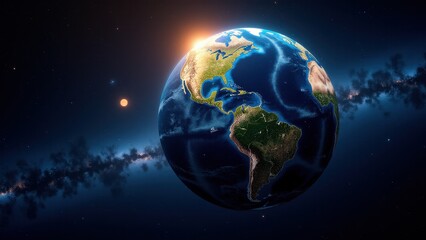 A celestial globe showing Earth with the Americas prominently visible, illuminated by the sun with a backdrop of stars and space.