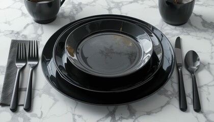 Elegant Black Dinnerware Set on Marble Table Surface