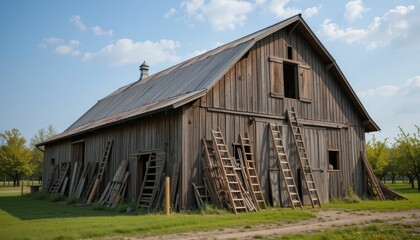 Rustic Barn with Ladders Against Clear Blue Sky in Countryside