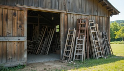 Obraz premium Rustic Wooden Barn Interior with Stacked Ladders and Tools