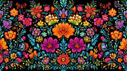 Symmetrical Floral Design Featuring Vivid Colors On Black Background