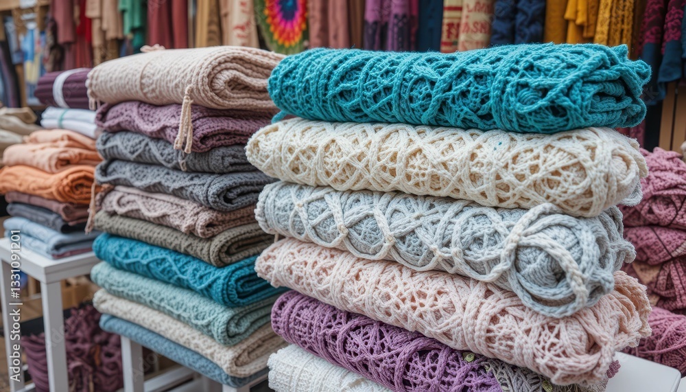 Poster textured handcrafted fabrics stacked neatly in a colorful display
