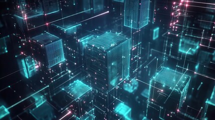 Obraz premium Futuristic Abstract 3D Digital Cityscape with Neon Lights and Grid