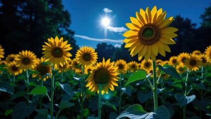 Fototapeta premium Sunlit Sunflower Field, Vibrant Yellow Blossoms Basking in Golden Hour Light, Tall Stalks Reaching for the Sun