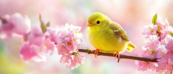 Fototapeta premium A cheerful yellow bird sits on a tree branch, celebrating the spirit of spring and Easter.