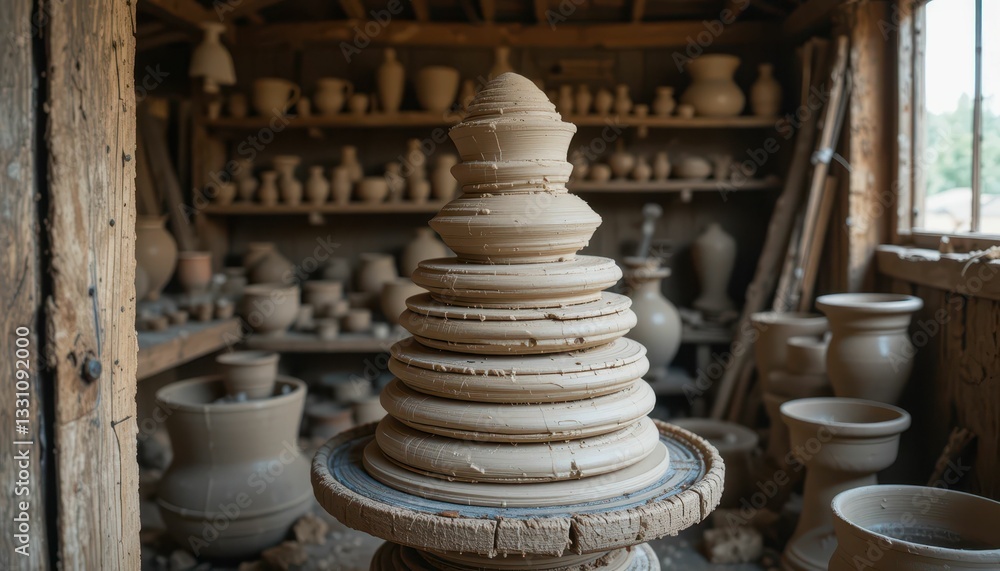Poster rustic pottery workshop with spinning clay on wheel display