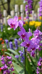 Delicate purple orchid blooms in a lush Keukenhof garden, keukenhof, delicate