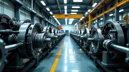 Industrial Factory Interior Rows of Precision Machined Components in a Modern Manufacturing Plant