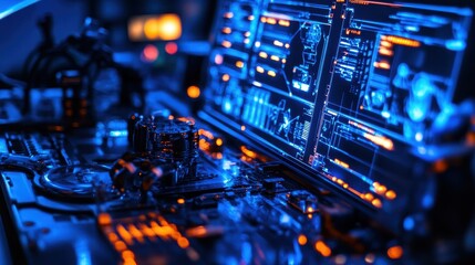 Futuristic Computer Workstation with Neon LED Lights and Circuitry