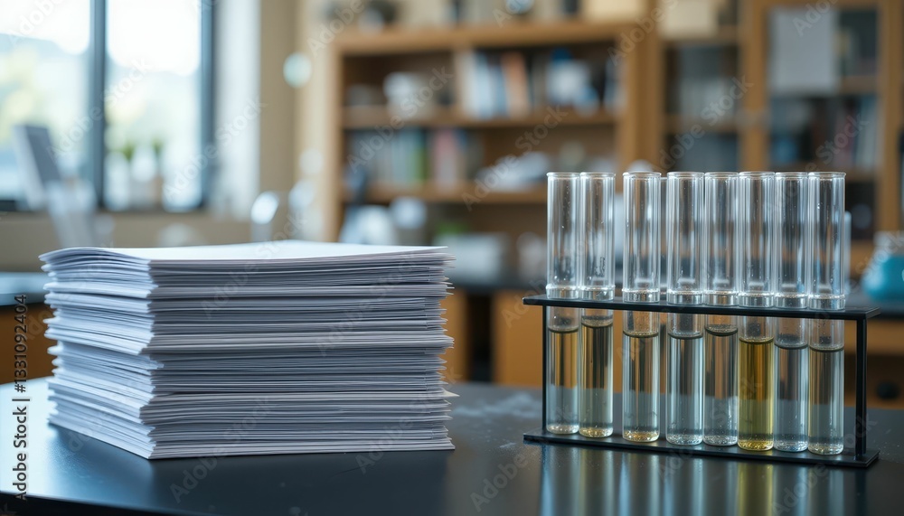 Poster laboratory setup with test tubes and stacked papers in a science environment