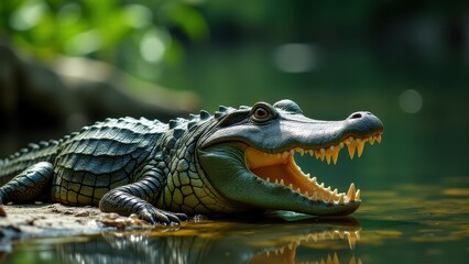 Obraz premium A close-up of a crocodile with its mouth open, basking by the water, perfect for a crocodile wallpaper.