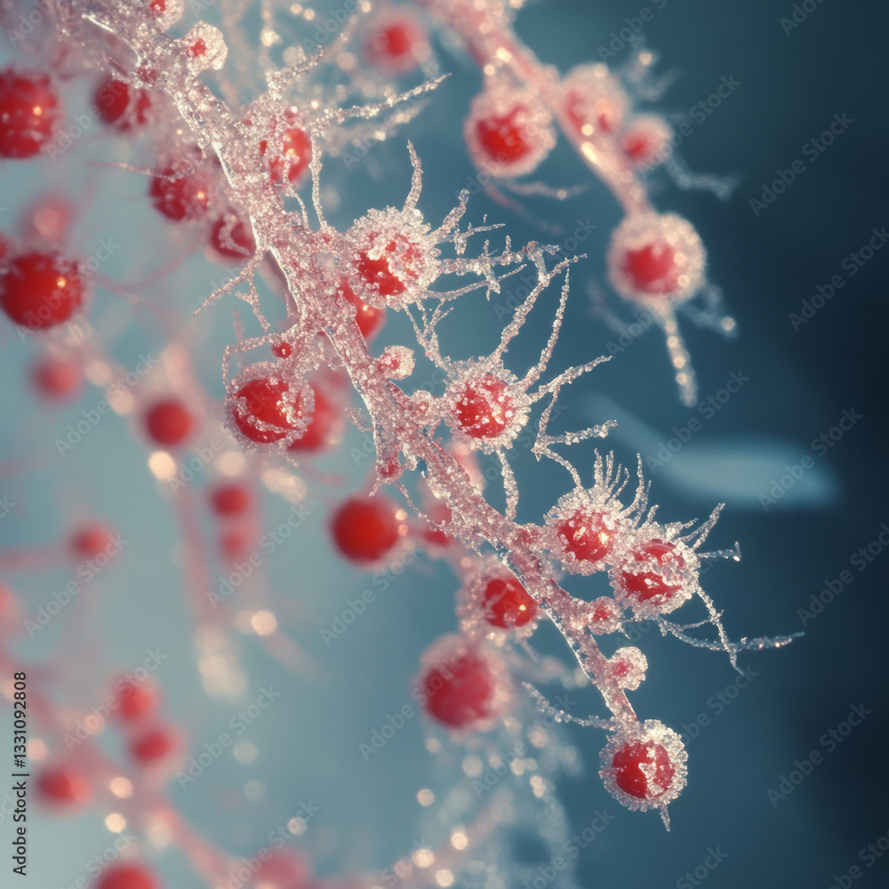 Poster the image shows a cluster of red berries covered in frost on a tree branch against a blue background