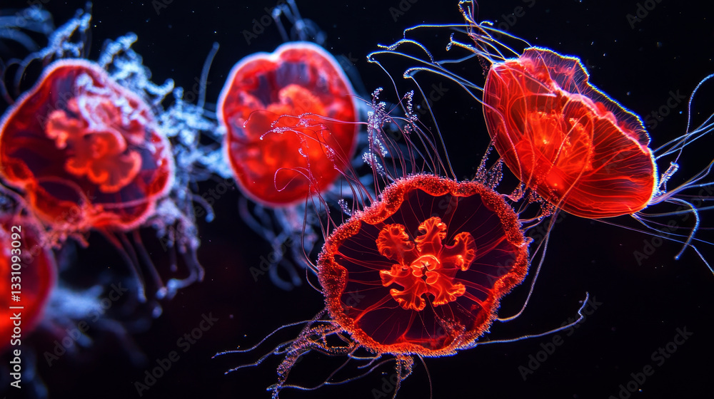 Poster the image shows a group of red jellyfish floating in the ocean against a dark background.
