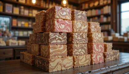 Colorful Layers of Artisan Soap Bars Stacked in a Shop Display