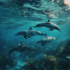 Obraz premium The image shows three dolphins swimming in the ocean near a coral reef. The water is crystal clear