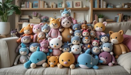 Fototapeta premium Colorful Collection of Handmade Crochet Animal Toys on Sofa