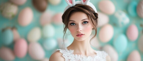 Woman in a white dress with bunny ears celebrating Easter joyfully.