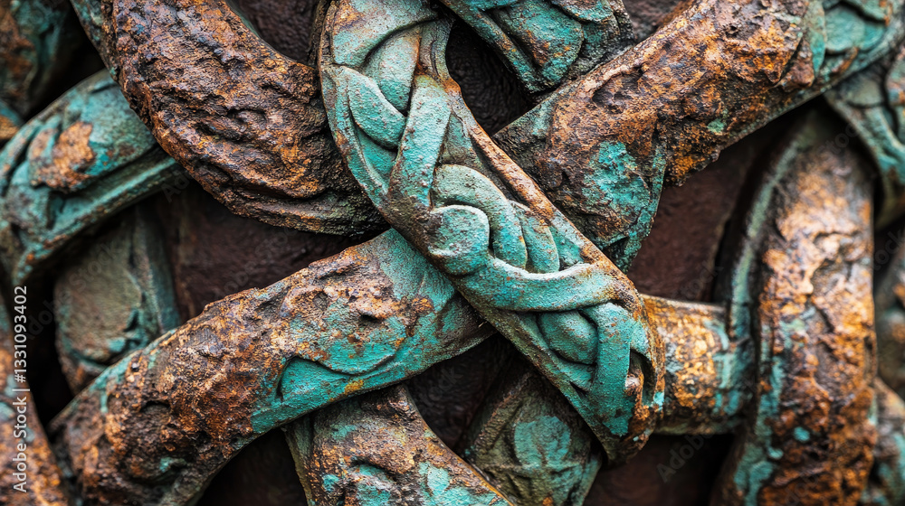 Poster the image shows a close up of a rusty chain on a wall. the chain is covered in rust and has a worn