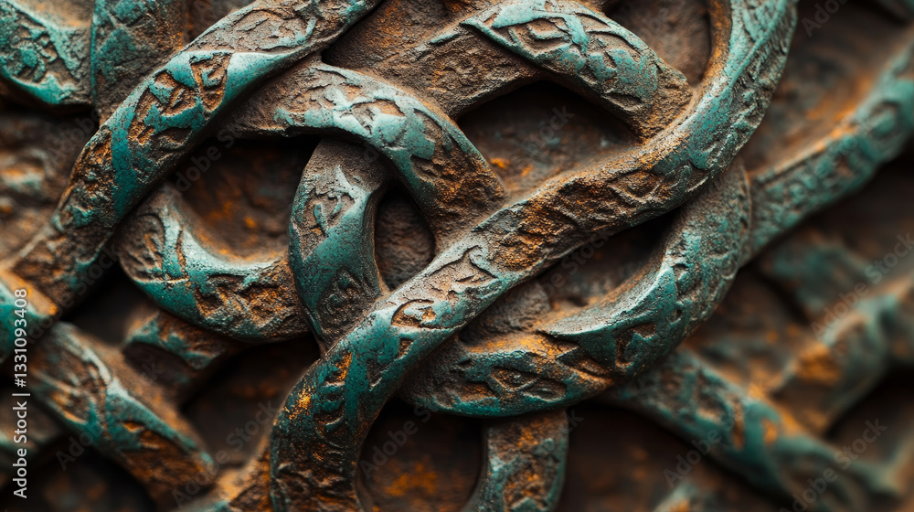 Poster the image shows a close up of a metal sculpture of a celtic knot on a wall. the intricate design is 