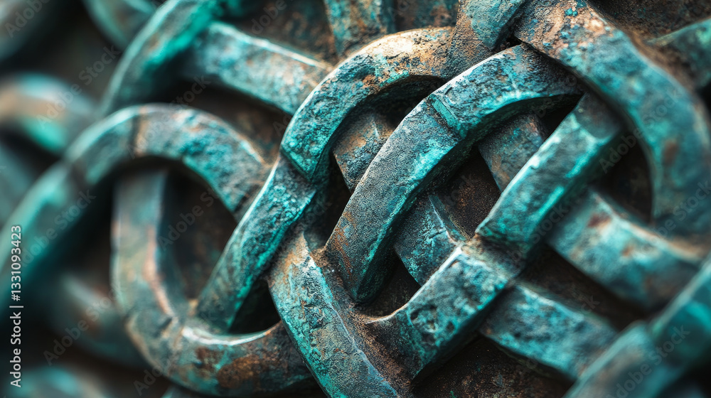 Poster the image shows a close up of a metal chain with a celtic knot pattern. the intricate knotwork is co