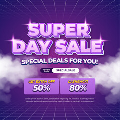 Super Shopping day Sale discount deals mix purple magenta gradient Editable text effect with Cashback and extra sale and Cloudy Grid Promotional square banner poster flyer 
