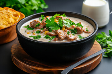 screengrab of mushroom cream sauce in a cast-iron pan, food photography,