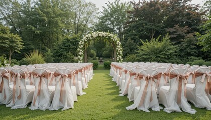 Beautiful Wedding Ceremony Setup in Lush Garden with Floral Arch