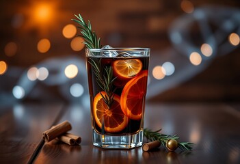 Festive Winter Spiced Citrus Cocktail Drink in Glass with Rosemary Garnish