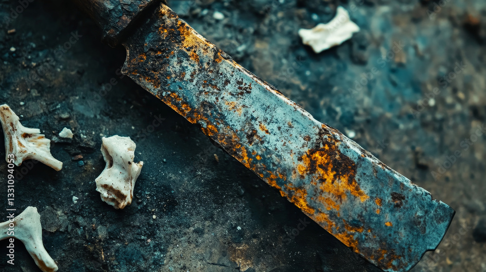 Poster in this image there is a knife and some bones on the ground.