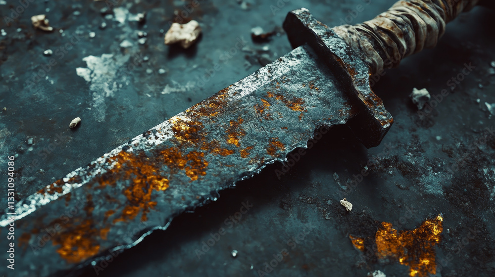 Poster the image shows a rusty knife with a rusty handle sitting on top of a table