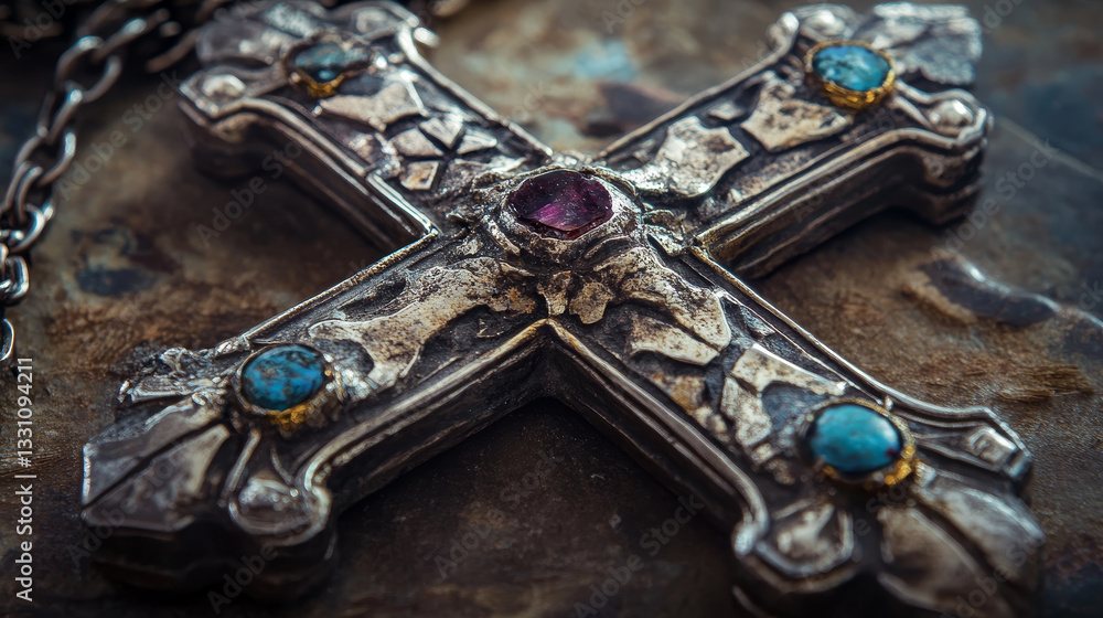 Poster the image shows a silver cross with a ruby stone in the center surrounded by turquoise stones. the c