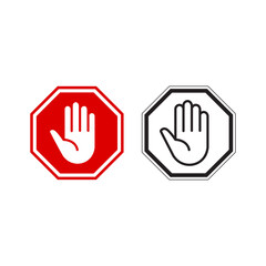 Red and black stop sign with big hand symbol template icon vector illustration