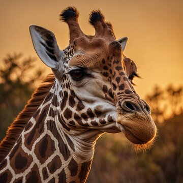 A stunning portrait of Zarafa, the elegant giraffe, against a golden sunset.