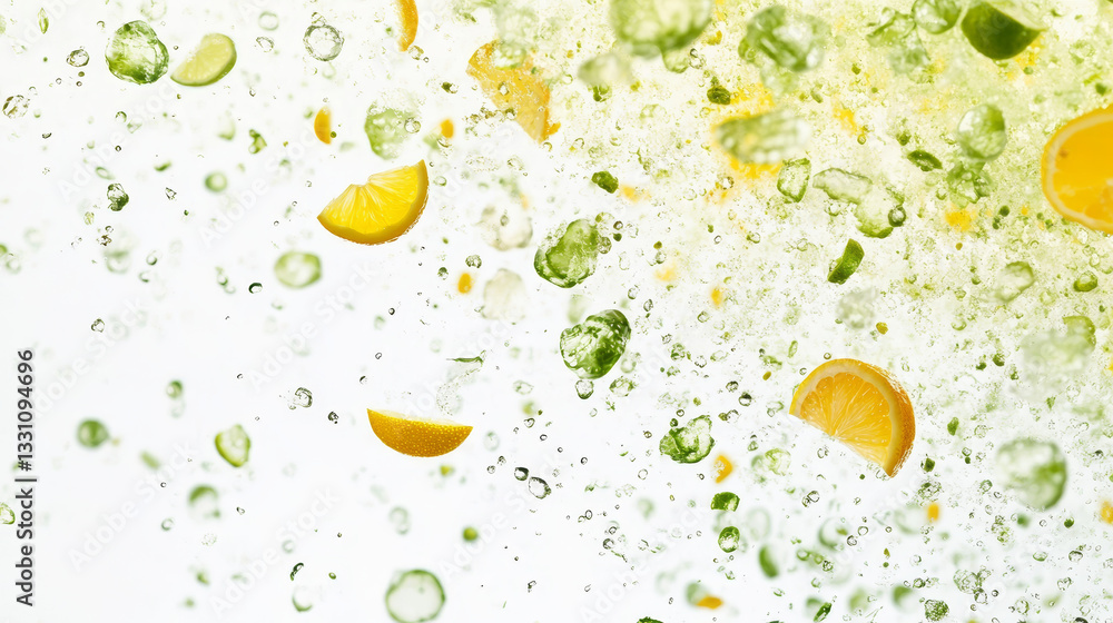 Poster the image shows slices of lemon and lime falling into a pool of water with bubbles