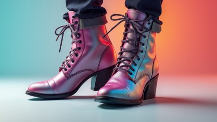 Shiny, colorful dancing boots with a metallic finish and laces, perfect for a night out.
