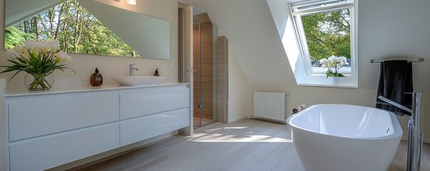 This is a modern bathroom that features a clean and sleek design The white decor creates a bright and airy space There is ample storage with the vanity cabinets, keeping everything organized The