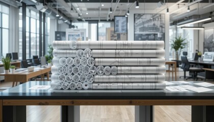 Fototapeta premium Stacked Blueprints on Table in Modern Architectural Office Space