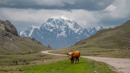 Majestic Mountain Cow  Serene Landscape Photography